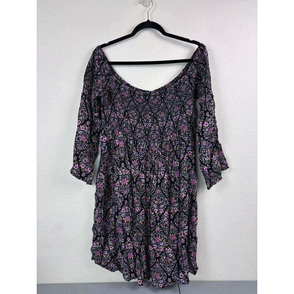 Torrid women's 2 2X black pink floral smocked off shoulder mini dress whimsygoth